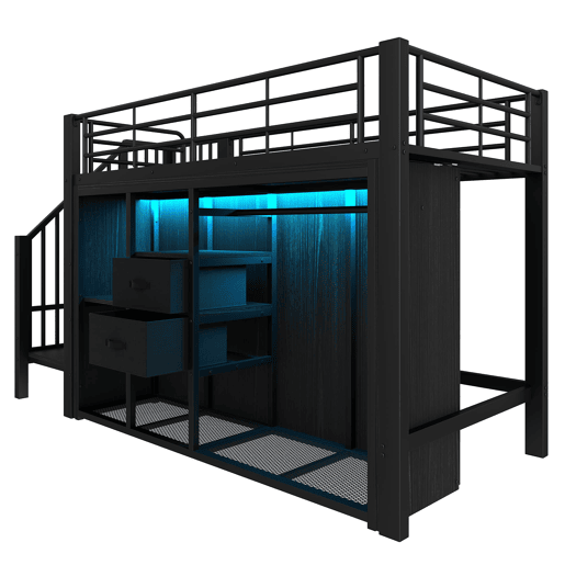Cama infantil semi alta 90x200 cm - 2 gavetas, armário aberto, iluminação LED multicolorida e vários compartimentos - preto