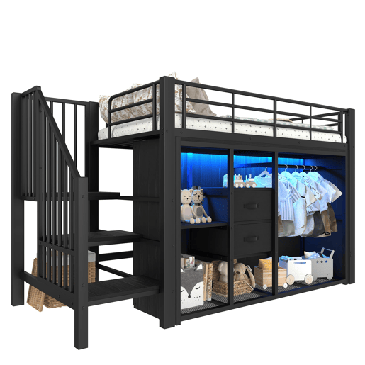 Cama infantil semi alta 90x200 cm - 2 gavetas, armário aberto, iluminação LED multicolorida e vários compartimentos - preto