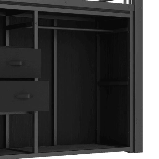 Cama infantil semi alta 90x200 cm - 2 gavetas, armário aberto, iluminação LED multicolorida e vários compartimentos - preto