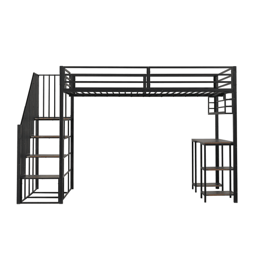 Cama alta de metal 120x200 cm - escada com corrimão, secretária, estante de arrumação e base resistente - preto escuro Cama alta de metal 120x200 cm - escada com corrimão, secretária, estante de arrumação e base resistente - preto escuro