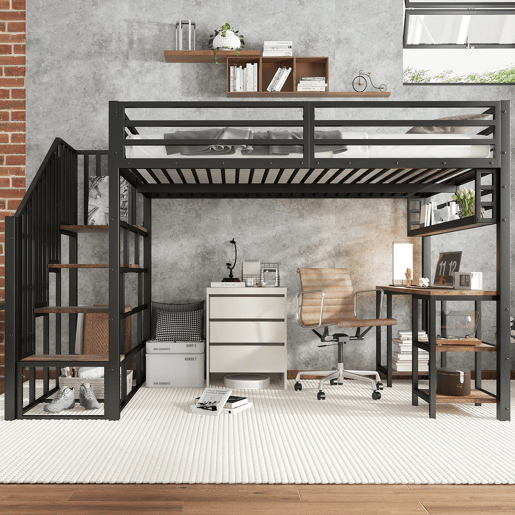 Cama alta de metal 120x200 cm - escada com corrimão, secretária, estante de arrumação e base resistente - preto escuro Cama alta de metal 120x200 cm - escada com corrimão, secretária, estante de arrumação e base resistente - preto escuro