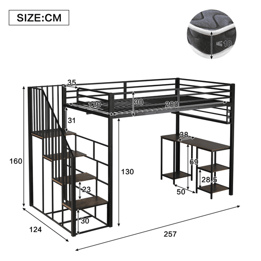 Cama alta de metal 120x200 cm - escada com corrimão, secretária, estante de arrumação e base resistente - preto escuro Cama alta de metal 120x200 cm - escada com corrimão, secretária, estante de arrumação e base resistente - preto escuro