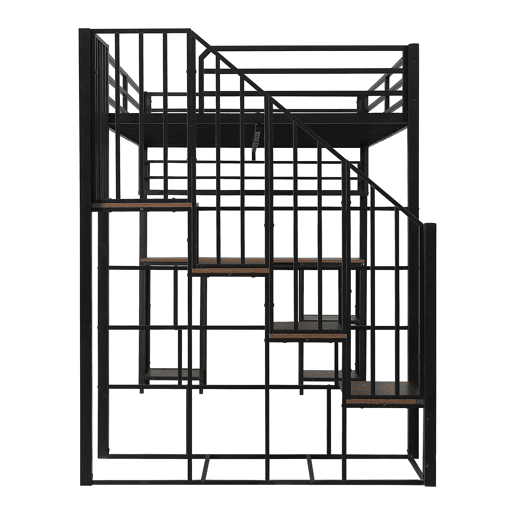 Cama alta de metal 120x200 cm - escada com corrimão, secretária, estante de arrumação e base resistente - preto escuro Cama alta de metal 120x200 cm - escada com corrimão, secretária, estante de arrumação e base resistente - preto escuro