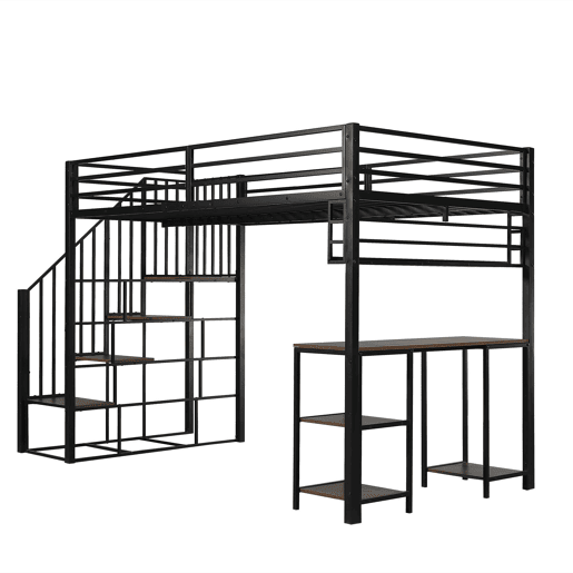 Cama alta de metal 120x200 cm - escada com corrimão, secretária, estante de arrumação e base resistente - preto escuro Cama alta de metal 120x200 cm - escada com corrimão, secretária, estante de arrumação e base resistente - preto escuro