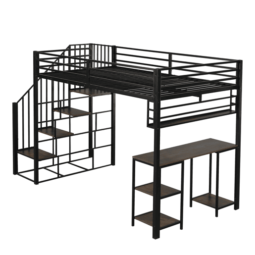Cama alta de metal 120x200 cm - escada com corrimão, secretária, estante de arrumação e base resistente - preto escuro Cama alta de metal 120x200 cm - escada com corrimão, secretária, estante de arrumação e base resistente - preto escuro