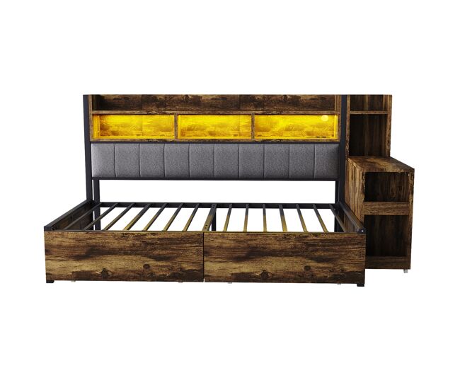 Cama de hierro 90x200 cm - con almacenamiento, cajones, escritorio extraíble, enchufes y led - color madera