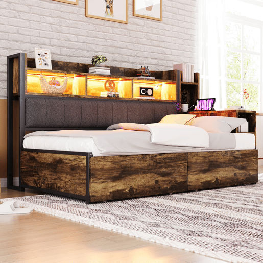 Cama de ferro 90x200 cm - com arrumação, gavetas, secretária extraível, tomadas e LED - cor madeira