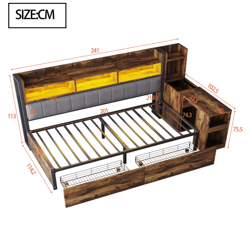 Cama de ferro 90x200 cm - com arrumação, gavetas, secretária extraível, tomadas e LED - cor madeira
