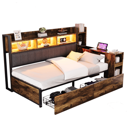Cama de ferro 90x200 cm - com arrumação, gavetas, secretária extraível, tomadas e LED - cor madeira