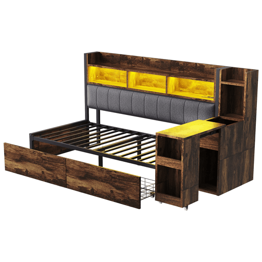 Cama de ferro 90x200 cm - com arrumação, gavetas, secretária extraível, tomadas e LED - cor madeira