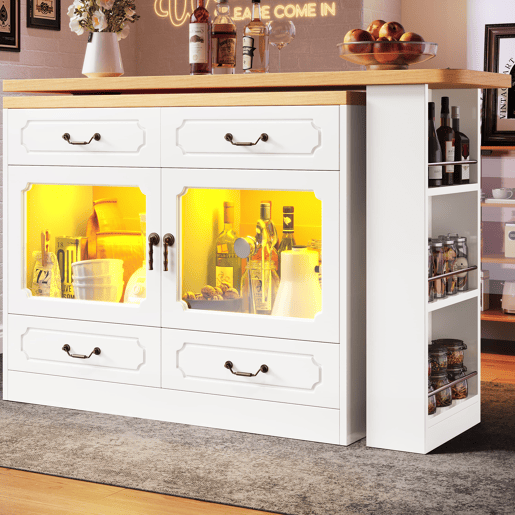 Mesa de bar extensível 135-203 cm - Com arrumação, giratória 360°, LED - Branca