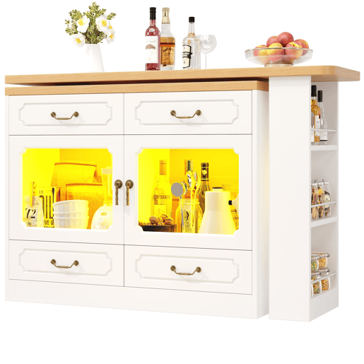 Mesa de bar extensível 135-203 cm - Com arrumação, giratória 360°, LED - Branca