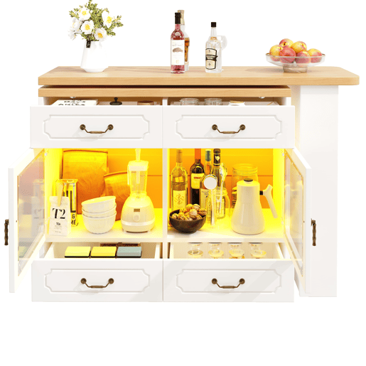 Mesa de bar extensível 135-203 cm - Com arrumação, giratória 360°, LED - Branca