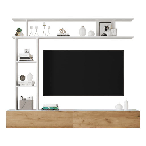 Móvel de TV 180x35x22,5 cm - Conjunto de sala com vitrines, prateleira e painel para TV - Branco + Natural