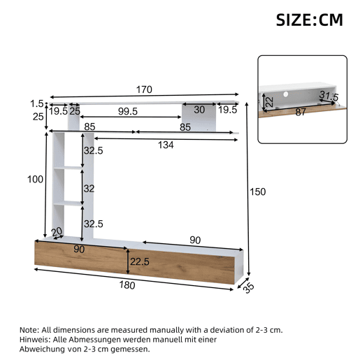 Móvel de TV 180x35x22,5 cm - Conjunto de sala com vitrines, prateleira e painel para TV - Branco + Natural