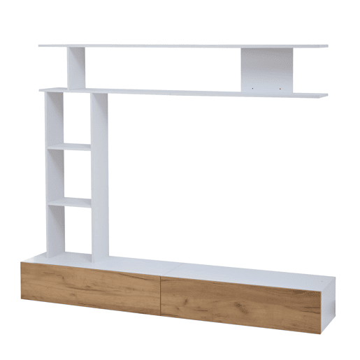 Móvel de TV 180x35x22,5 cm - Conjunto de sala com vitrines, prateleira e painel para TV - Branco + Natural