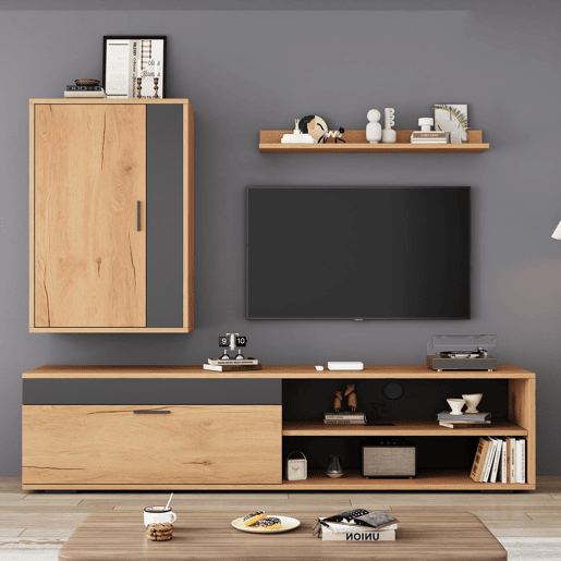 Móvel para TV 140x35x39 cm - Conjunto completo de 3 peças, TV-Board, estante e prateleira de parede - Cor madeira + preto