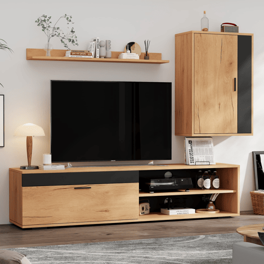 Móvel para TV 140x35x39 cm - Conjunto completo de 3 peças, TV-Board, estante e prateleira de parede - Cor madeira + preto
