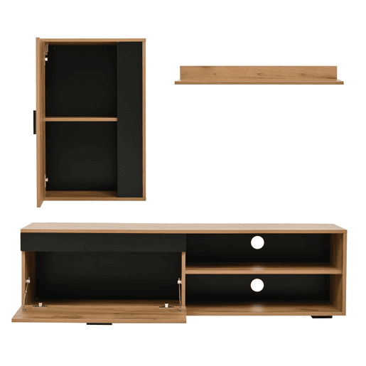 Móvel para TV 140x35x39 cm - Conjunto completo de 3 peças, TV-Board, estante e prateleira de parede - Cor madeira + preto