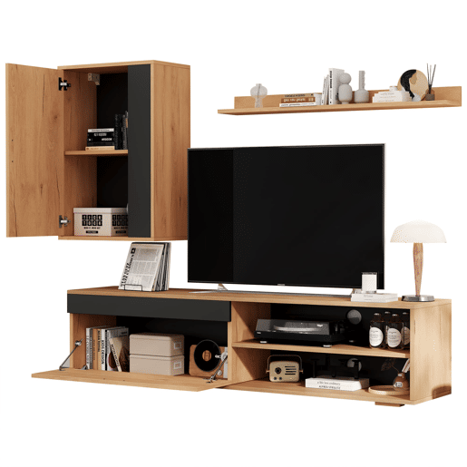 Móvel para TV 140x35x39 cm - Conjunto completo de 3 peças, TV-Board, estante e prateleira de parede - Cor madeira + preto