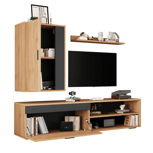 Móvel para TV 140x35x39 cm - Conjunto completo de 3 peças, TV-Board, estante e prateleira de parede - Cor madeira + preto