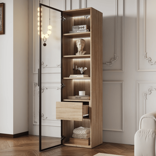 Armário de casa de banho 40 cm - com luz, 1 gaveta grande, 1 porta, vidro - Natural