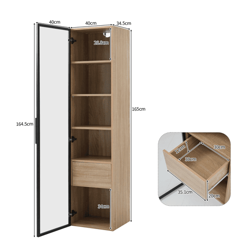 Armário de casa de banho 40 cm - com luz, 1 gaveta grande, 1 porta, vidro - Natural