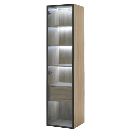 Armário de casa de banho 40 cm - com luz, 1 gaveta grande, 1 porta, vidro - Natural