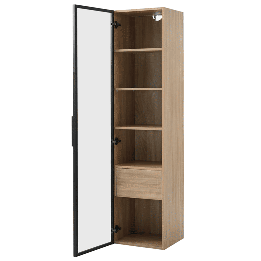 Armário de casa de banho 40 cm - com luz, 1 gaveta grande, 1 porta, vidro - Natural