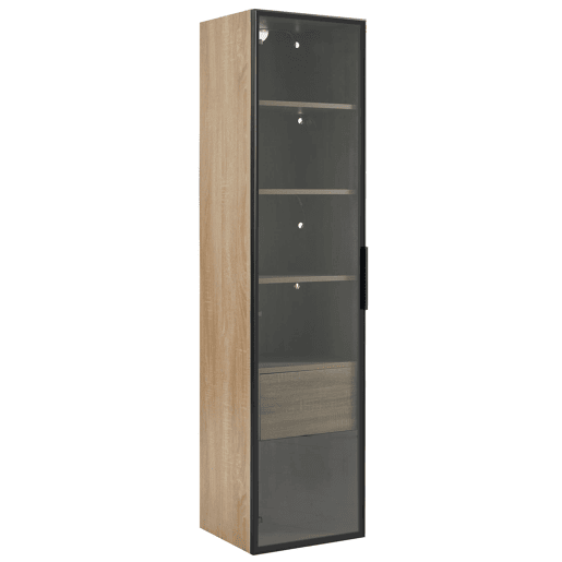 Armário de casa de banho 40 cm - com luz, 1 gaveta grande, 1 porta, vidro - Natural