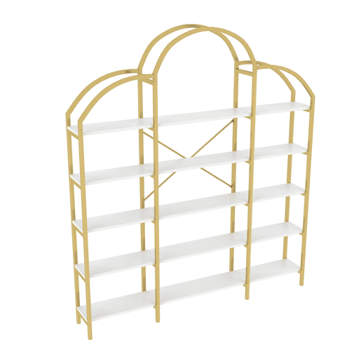 Estante 170x26x190 cm - Estilo simples, estrutura em aço e MDF, 5 níveis, formato de nuvem, dourado e branco