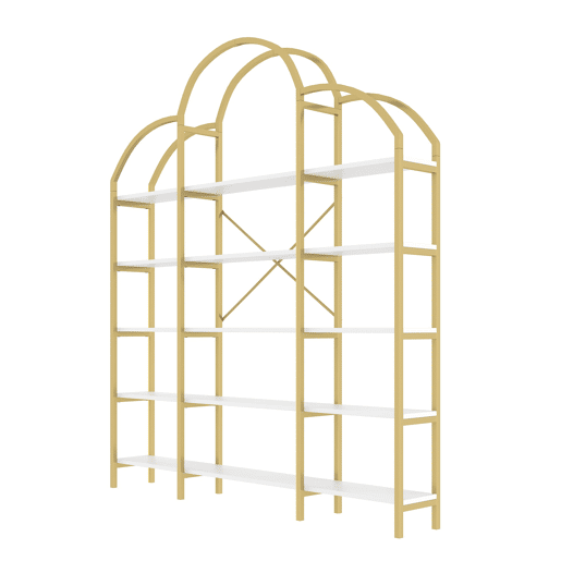Estante 170x26x190 cm - Estilo simples, estrutura em aço e MDF, 5 níveis, formato de nuvem, dourado e branco