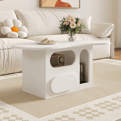Mesa de centro 97x45x43,5 cm - formato de nuvem, gavetas e prateleiras abertas, materiais de alta qualidade