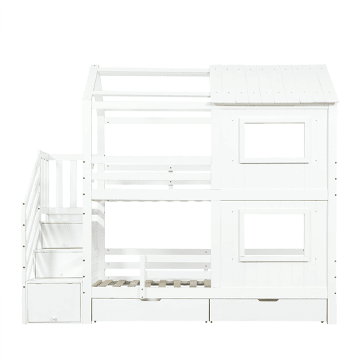 Beliche infantil 90x200 cm - escada com armário e prateleiras, gaveta com rodas, design com janelas e teto, estrado resistente - branco