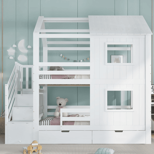 Beliche infantil 90x200 cm - escada com armário e prateleiras, gaveta com rodas, design com janelas e teto, estrado resistente - branco