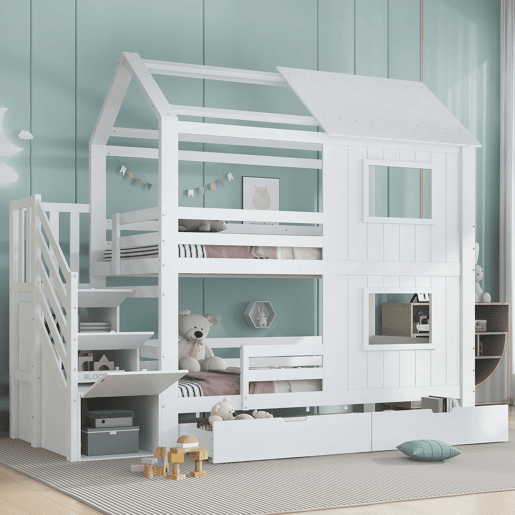 Beliche infantil 90x200 cm - escada com armário e prateleiras, gaveta com rodas, design com janelas e teto, estrado resistente - branco