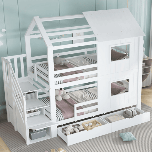 Beliche infantil 90x200 cm - escada com armário e prateleiras, gaveta com rodas, design com janelas e teto, estrado resistente - branco