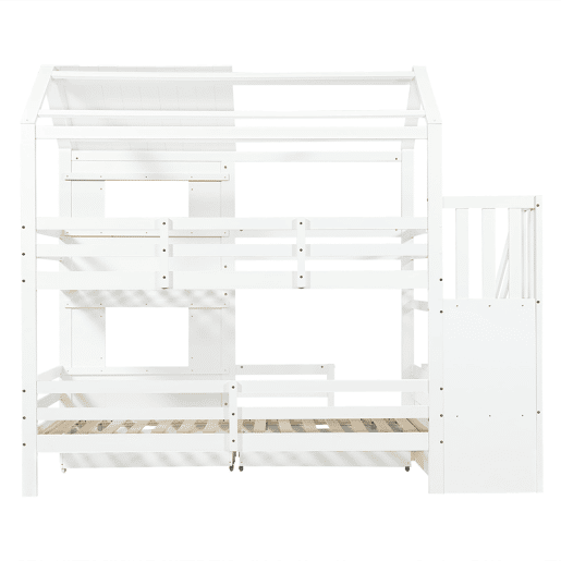 Beliche infantil 90x200 cm - escada com armário e prateleiras, gaveta com rodas, design com janelas e teto, estrado resistente - branco