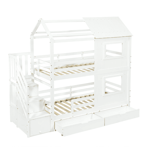 Beliche infantil 90x200 cm - escada com armário e prateleiras, gaveta com rodas, design com janelas e teto, estrado resistente - branco