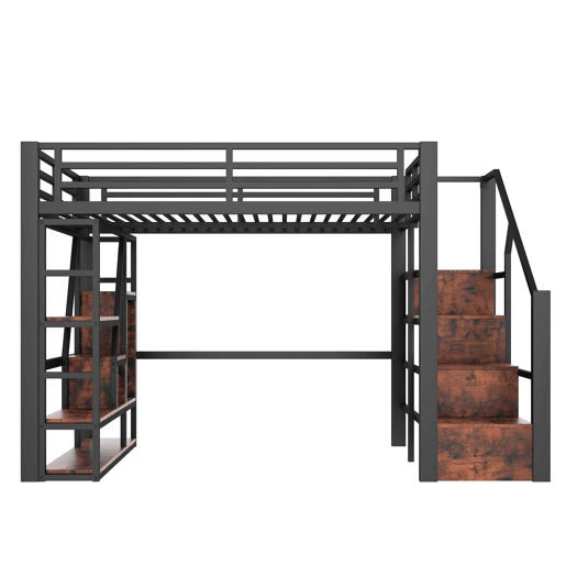 Cama alta de metal 140x200 cm - prateleira, degraus integrados, grade de segurança, escada, faixa LED e espaço aberto inferior - preto
