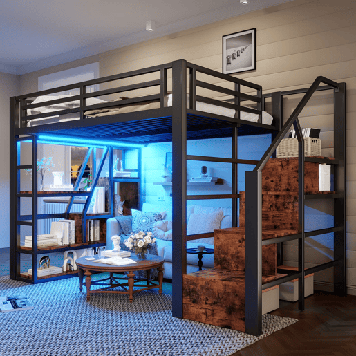 Cama alta de metal 140x200 cm - prateleira, degraus integrados, grade de segurança, escada, faixa LED e espaço aberto inferior - preto