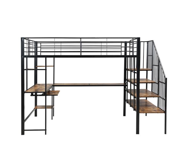 Cama alta de metal 120x200 cm - puerto de carga, escalera en esquina segura, zona de escritorio con bandeja para teclado y estantes - negro oscuro