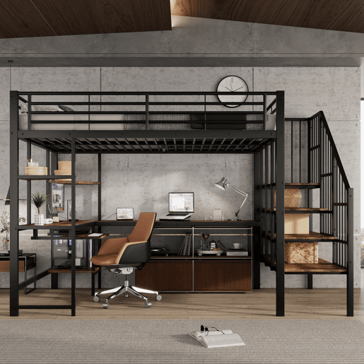 Cama alta de metal 120x200 cm - porta de carregamento, escada de canto segura, área de secretária com bandeja para teclado e prateleiras - preto escuro