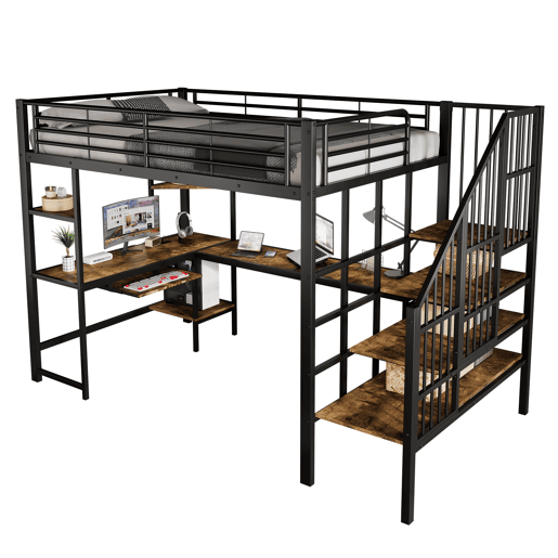 Cama alta de metal 120x200 cm - porta de carregamento, escada de canto segura, área de secretária com bandeja para teclado e prateleiras - preto escuro