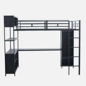 Cama alta de ferro 140x200 cm - com secretária, arrumação dupla debaixo da secretária, cama superior com espaço de arrumação e armário - preto