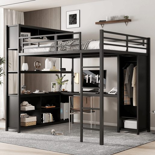Cama alta de ferro 140x200 cm - com secretária, arrumação dupla debaixo da secretária, cama superior com espaço de arrumação e armário - preto