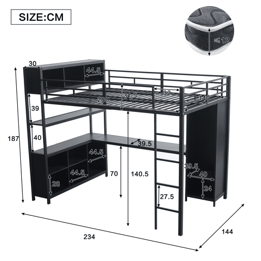 Cama alta de ferro 140x200 cm - com secretária, arrumação dupla debaixo da secretária, cama superior com espaço de arrumação e armário - preto
