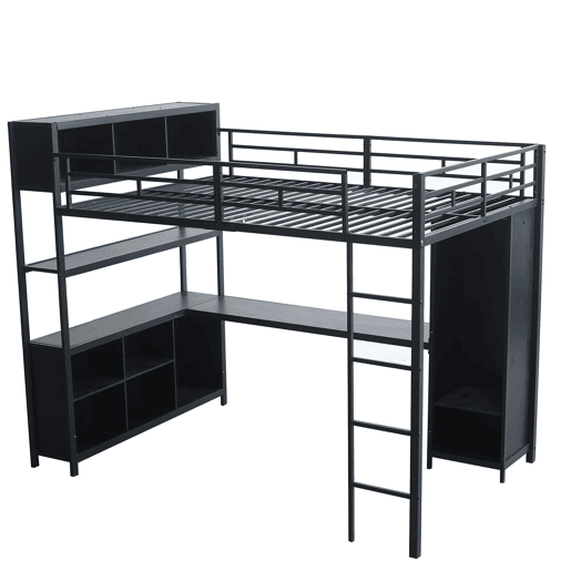 Cama alta de ferro 140x200 cm - com secretária, arrumação dupla debaixo da secretária, cama superior com espaço de arrumação e armário - preto