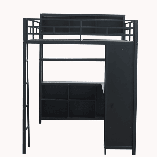 Cama alta de ferro 140x200 cm - com secretária, arrumação dupla debaixo da secretária, cama superior com espaço de arrumação e armário - preto
