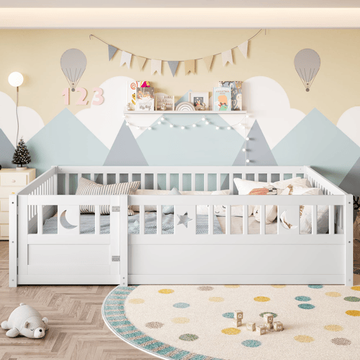 Cama infantil 140x190 cm - Com grades, decoração de estrelas e lua, sem estrado - Branco